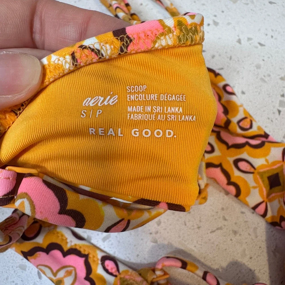 Aerie Real Good Scoop Bikini Top Retro Floral Orange Pink Small 984407628